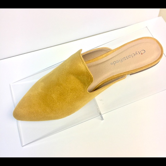 Yellow Faux Suede Mules - Rounded Toe - Picture 3 of 8